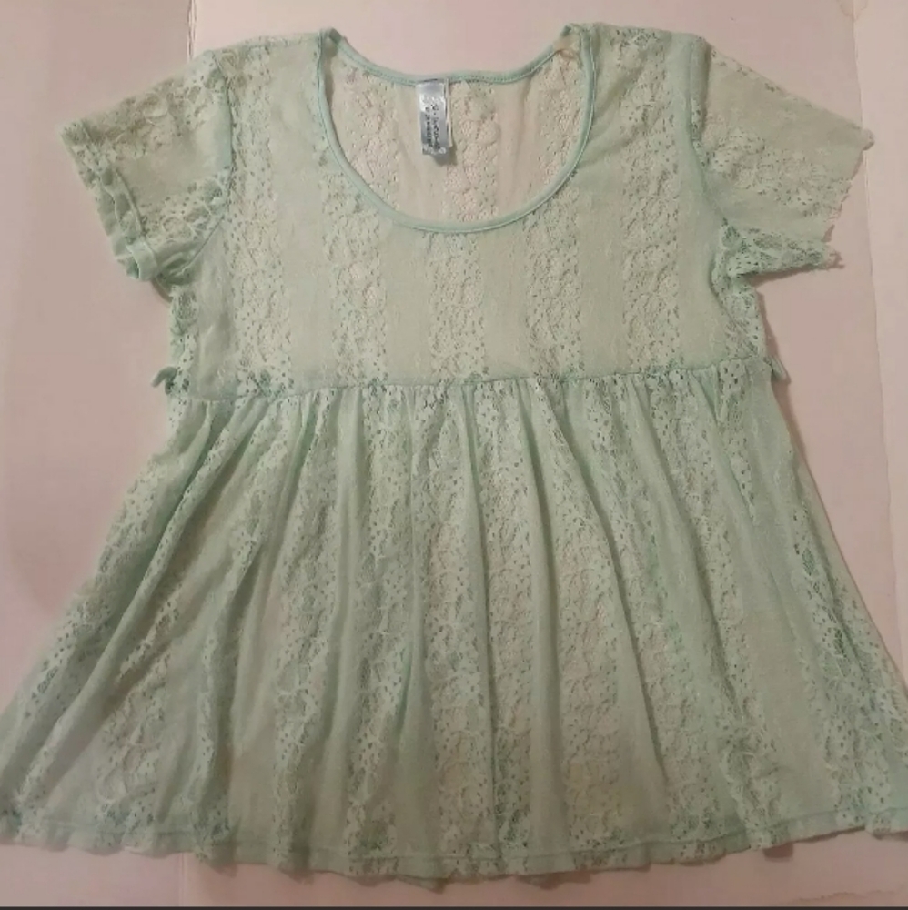 M-Fasis By California Blue Minty Green Short Sleeve Lacey Top Girls S